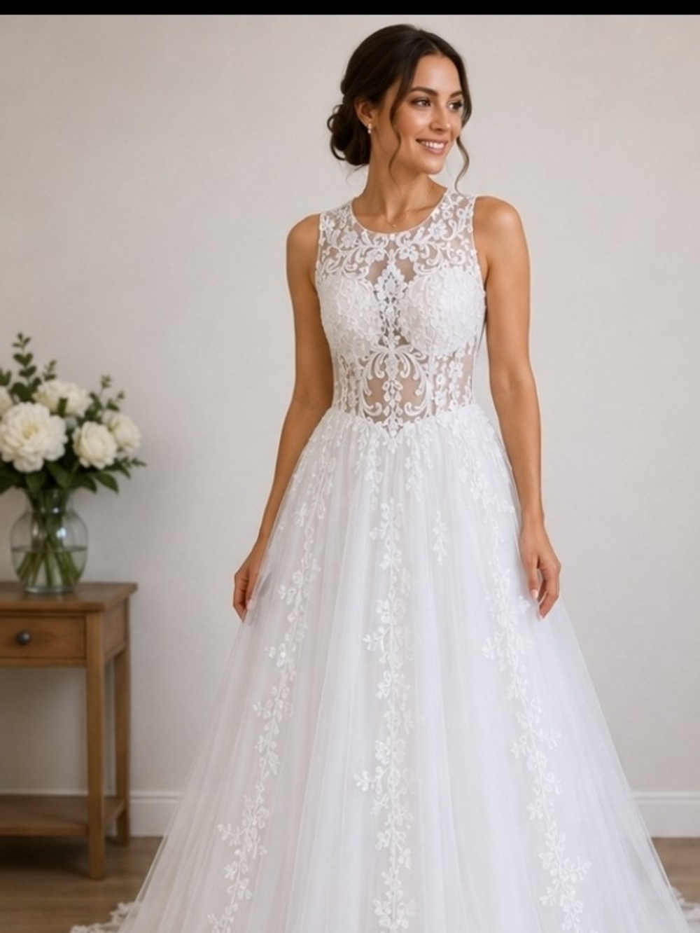 Elegant White Lace A-Line Wedding Dress with Illusion Bodice